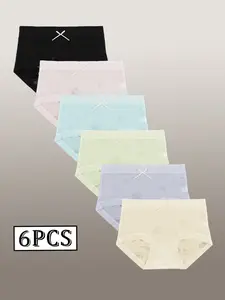 Women's Mid-Waist Seamless Jacquard See-Through Briefs, High Elastic Skin Friendly Breathable Underwear, Butt Lifting Fit No Rolling Edge, Bow Design Panties For Multi-Color Daily Wear