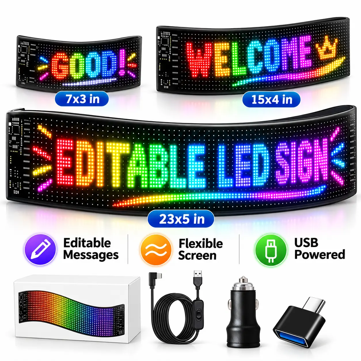Programmable Flexible LED Sign, Editable RGB LED Display with Colorful Text, Patterns & Animations, USB Powered Digital Message Board for Car Rear Window, Storefront, Shop, Gaming Room, Events & Home Decor