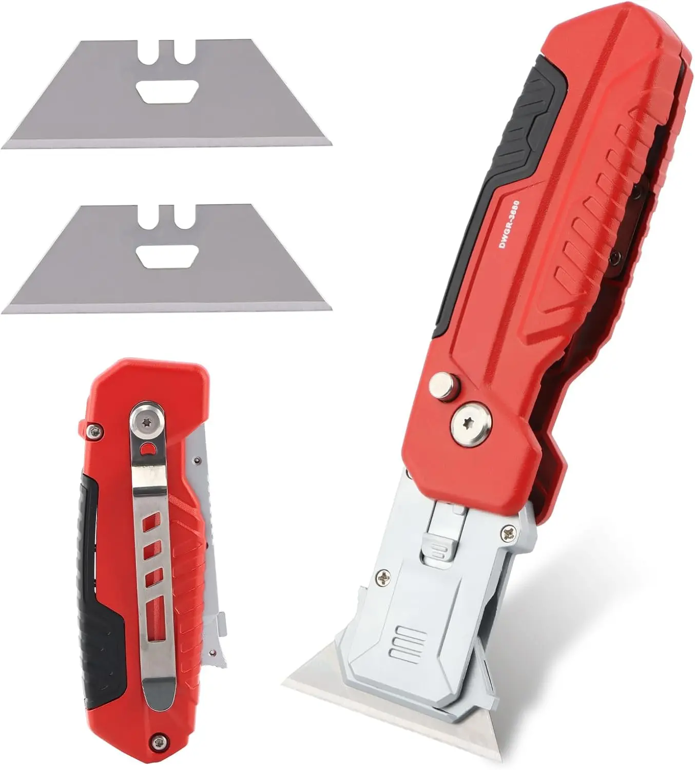 2-in-1 Folding Utility Knife and Scraper with Built-In Blade Storage, Includes 3 Triple-Ground Carbon Steel Blades, Aluminum Alloy Body