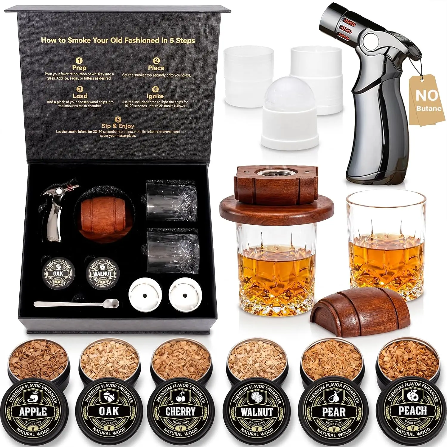 Old Fashioned Barrel Cocktail Smoker Kit with Torch (No Butane), Handcrafted Wood Smoke Infuser, Home Bar, Housewarming, Birthday, Father’s Day, Anniversary Bourbon Gift for Dad, Husband, Whiskey Lovers