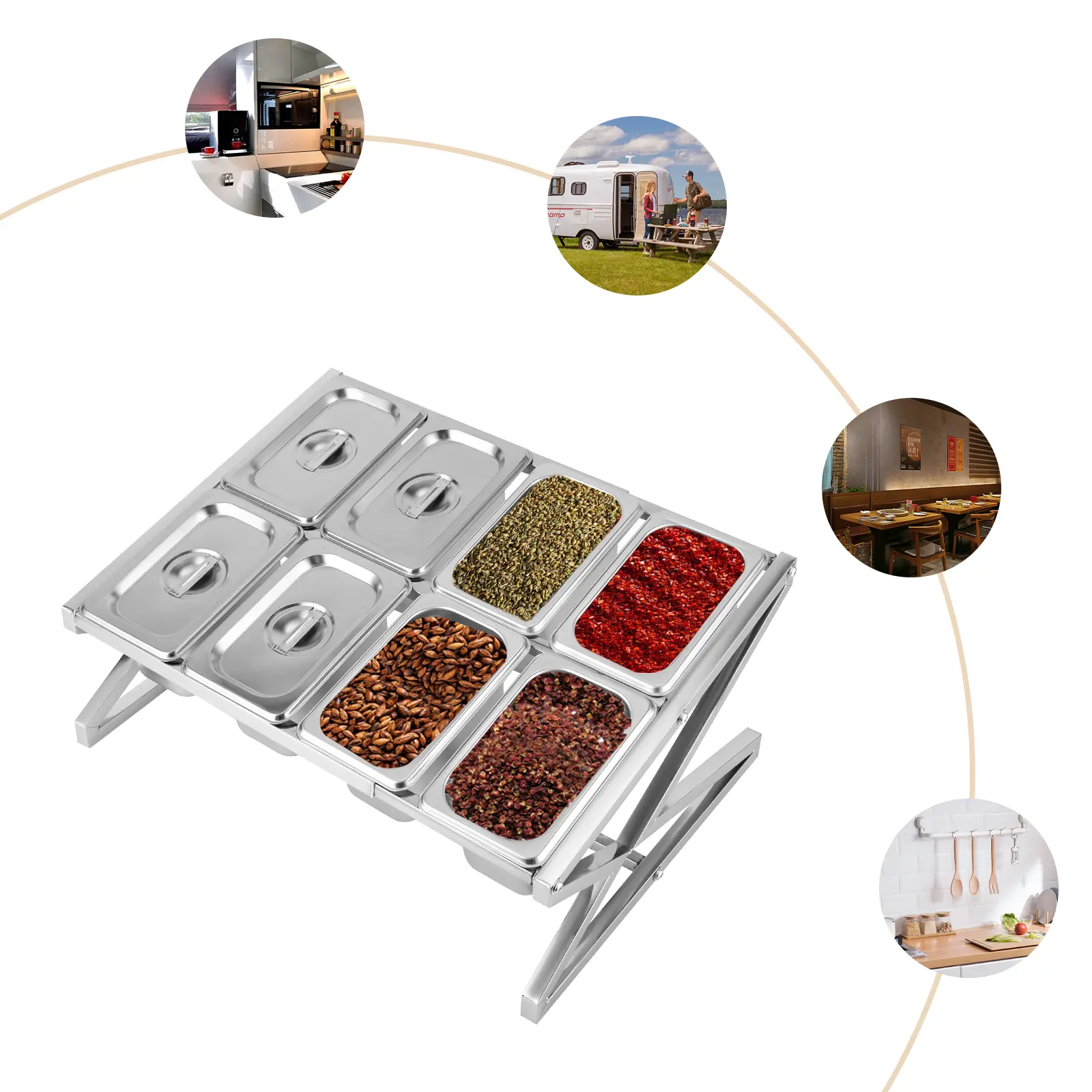 1 Set Expandable Countertop Spice Rack Modern Silver Polished Stainless Steel Triangle Stable Structure 33lbs High Load Bearing Kitchen Organizer with 8PCS 900ml Lidded Food Pots for Home Commercial Kitchen Storage