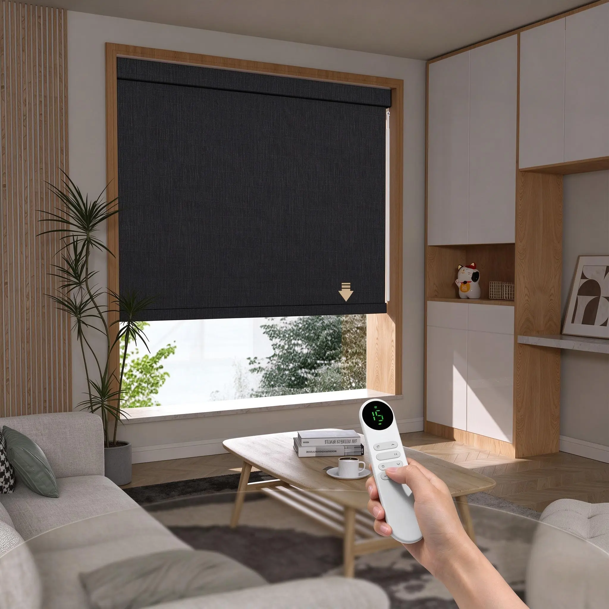 Pocageum blackout roller shades with pull rod, cordless custom-size room-darkening blinds with automatic roll-up via rod pull, 38 mm tube spring window shades for bedroom & nursery, made to order W 21"-60" x H 72", black & grey blackout fabric