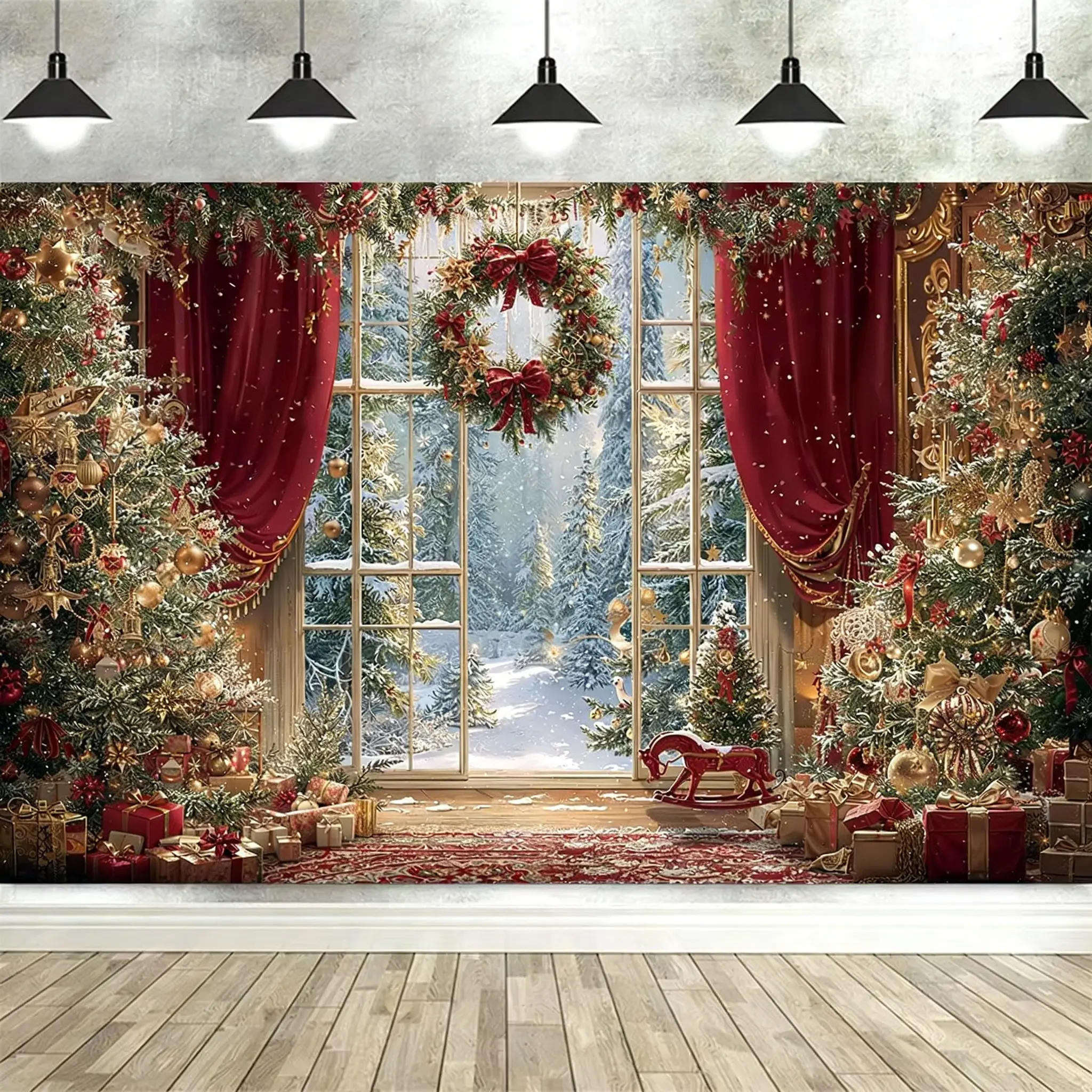 Oil painting style Red-Gold Luxury Christmas Window Backdrop – Opulent Decor, Snowy View & Gift Boxes, Perfect for Christmas Gatherings & House Decor, Brings Regal Festive Vibe, Ideal Christmas Gifts, 2D Print Backdrop