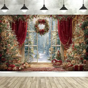 Oil painting style Red-Gold Luxury Christmas Window Backdrop – Opulent Decor, Snowy View & Gift Boxes, Perfect for Christmas Gatherings & House Decor, Brings Regal Festive Vibe, Ideal Christmas Gifts, 2D Print Backdrop