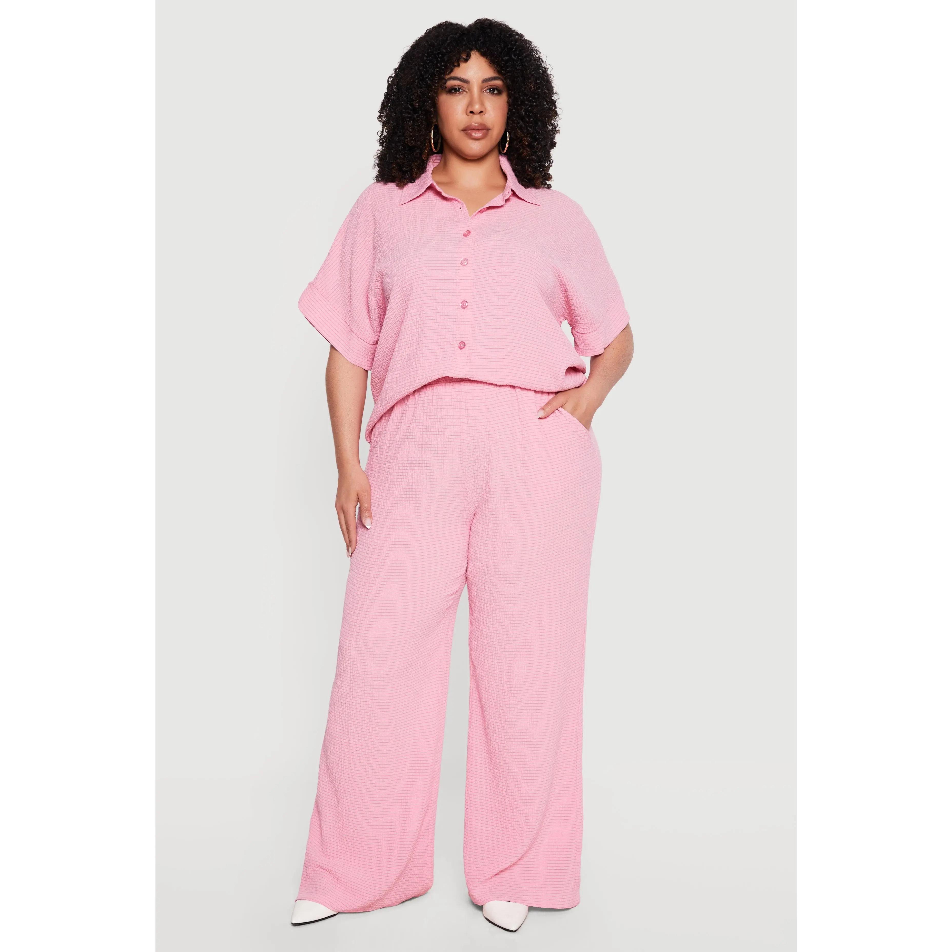 Plus Size High Waisted Seersucker Wide Leg Pants