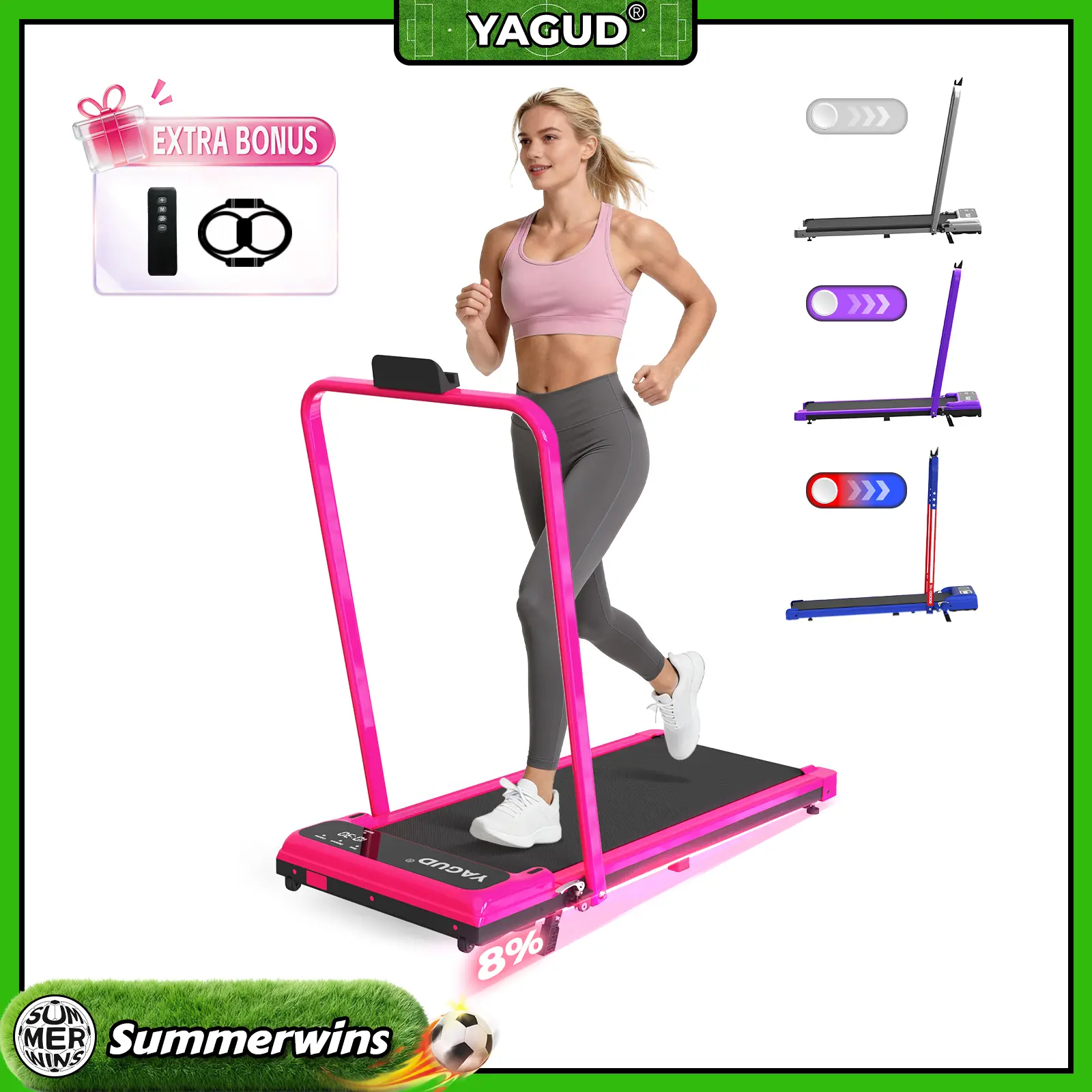 【SUMMERWINS】 YAGUD Foldable Adjustable Incline Treadmill, Low Noise Motor Walking Pad, 265lbs Weight Capacity, Remote Control & Wheels for Easy mobility, Dual Shock Absorption System Home Gym Equipment, Home Workout Equipment