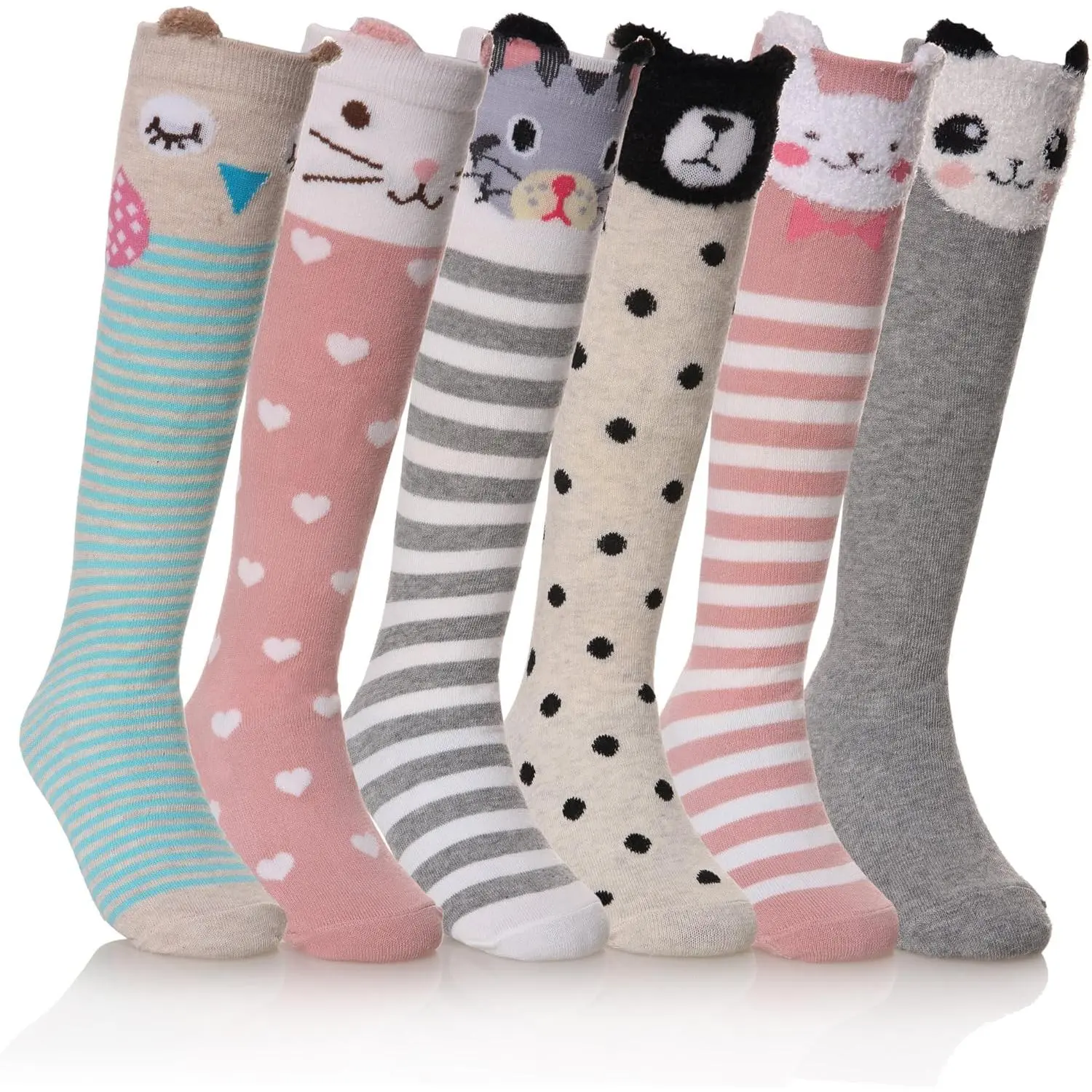 X-SOK33  Girls Knee High Socks Kids Crazy Fun Gift Cute Animal Patterns Cotton Long Socks 6 Pairs