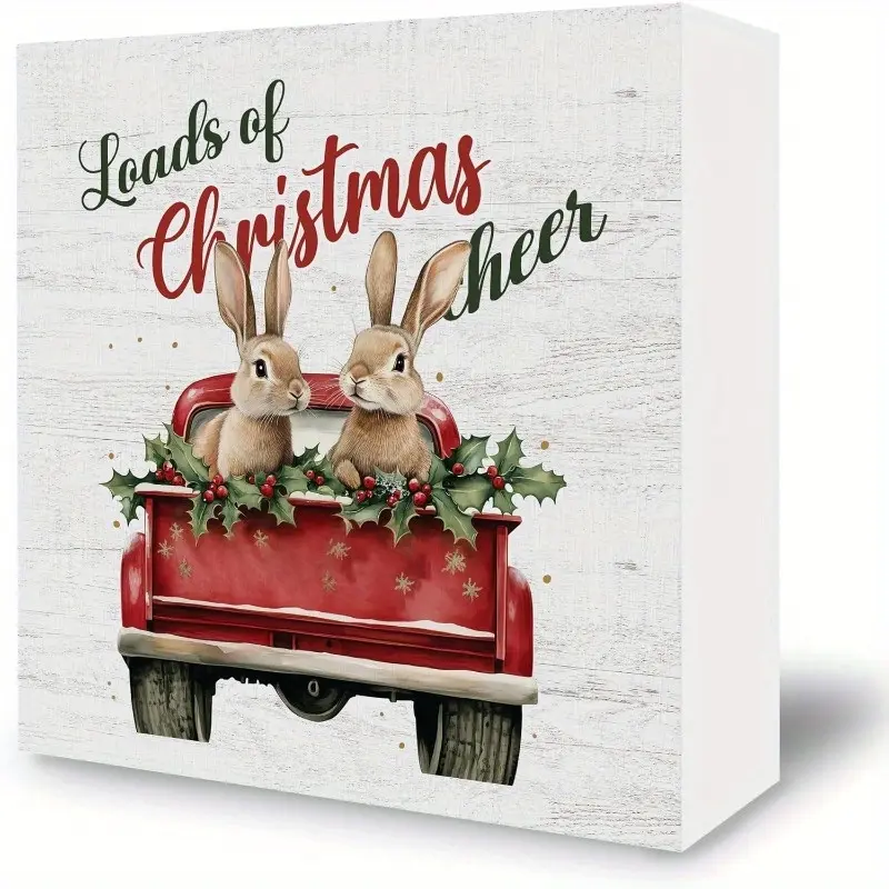 Bunny Christmas Desk Decor - Rabbit Xmas Wooden Box Sign, Rustic Winter Holiday Wood Block Plaque Box Sign for Home Farmhouse Table Decoration, 5x5 Inches