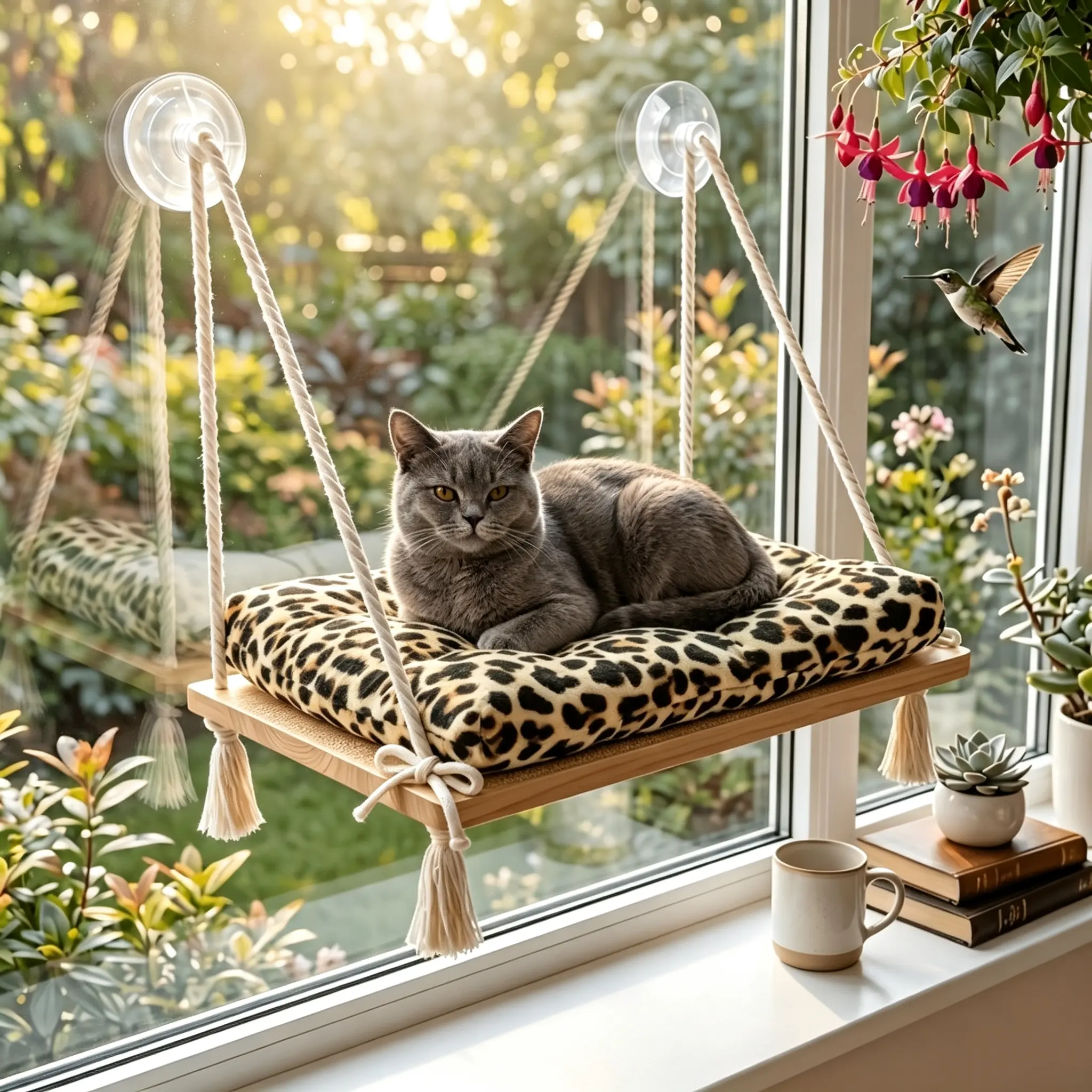 Leopard Print Suction Cup Cat Window Hammock Perch - Tasseled Decor Soft Cushion, Solid Wood Suspended Bed, Heavy-Duty Suction Cups for Indoor Cats' Home Sunbath Rest