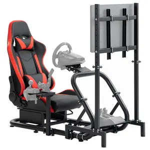 Supllueer Racing Cockpit Stand with Monitor Mount,Racing Wheel Stand with Red Seat fit for Logitech G25 G27 G29 G920, Thrustmaster T248, No Steering Wheel Shift Lever Pedal Display
