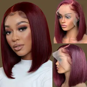 Beginner friendly 99J Bob glueless wig 180% 13x4 Burgundy Straight Lace Front Human Hair Wigs For Black Women Hands Down Hair Style