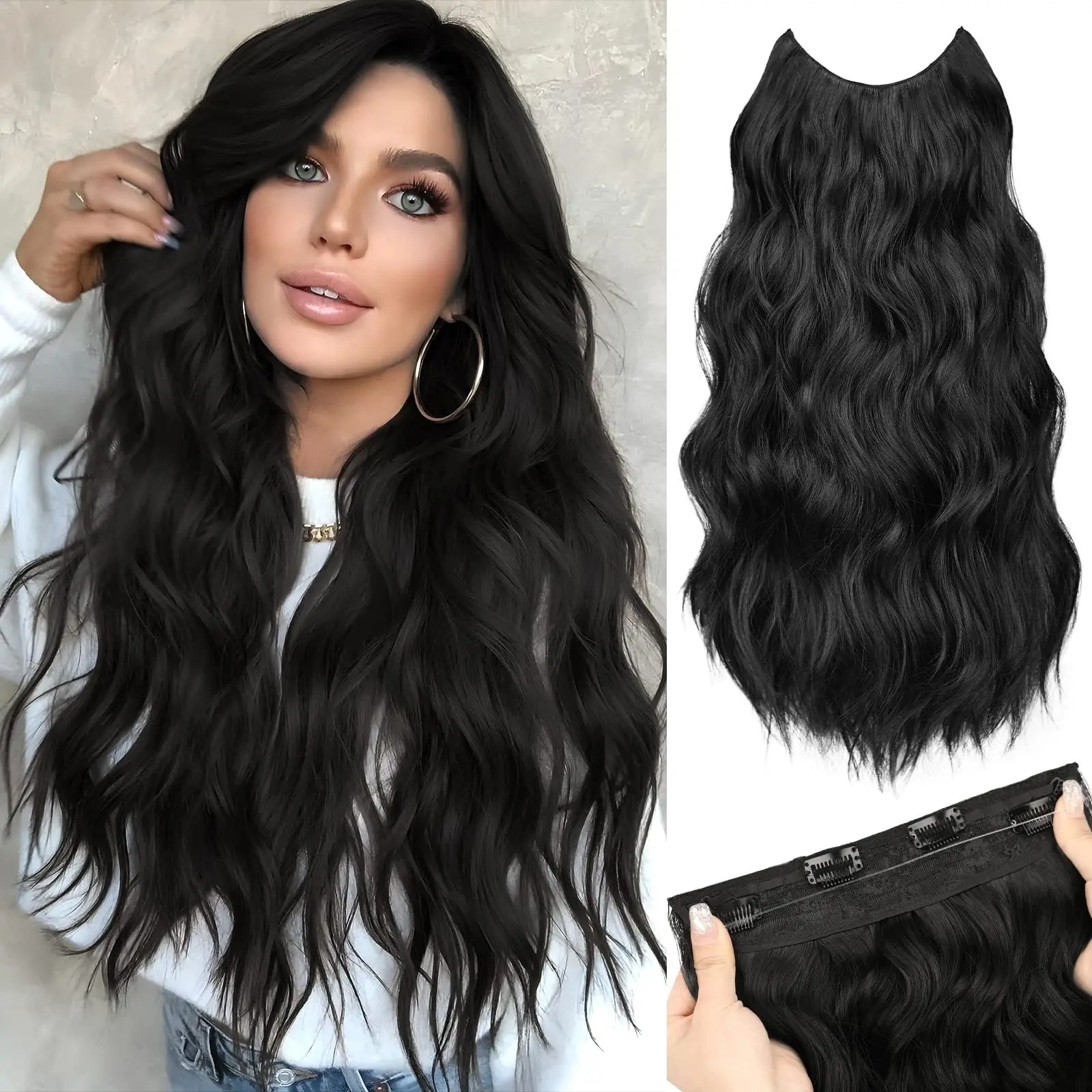 HMD Invisible Wire Black Clip-In Synthetic Hair Extensions, 16/20/24 In Long Wavy Hairpiece, 4-Clip Secure Women's Hair Accessory, Black Clip In Hair Extensions
