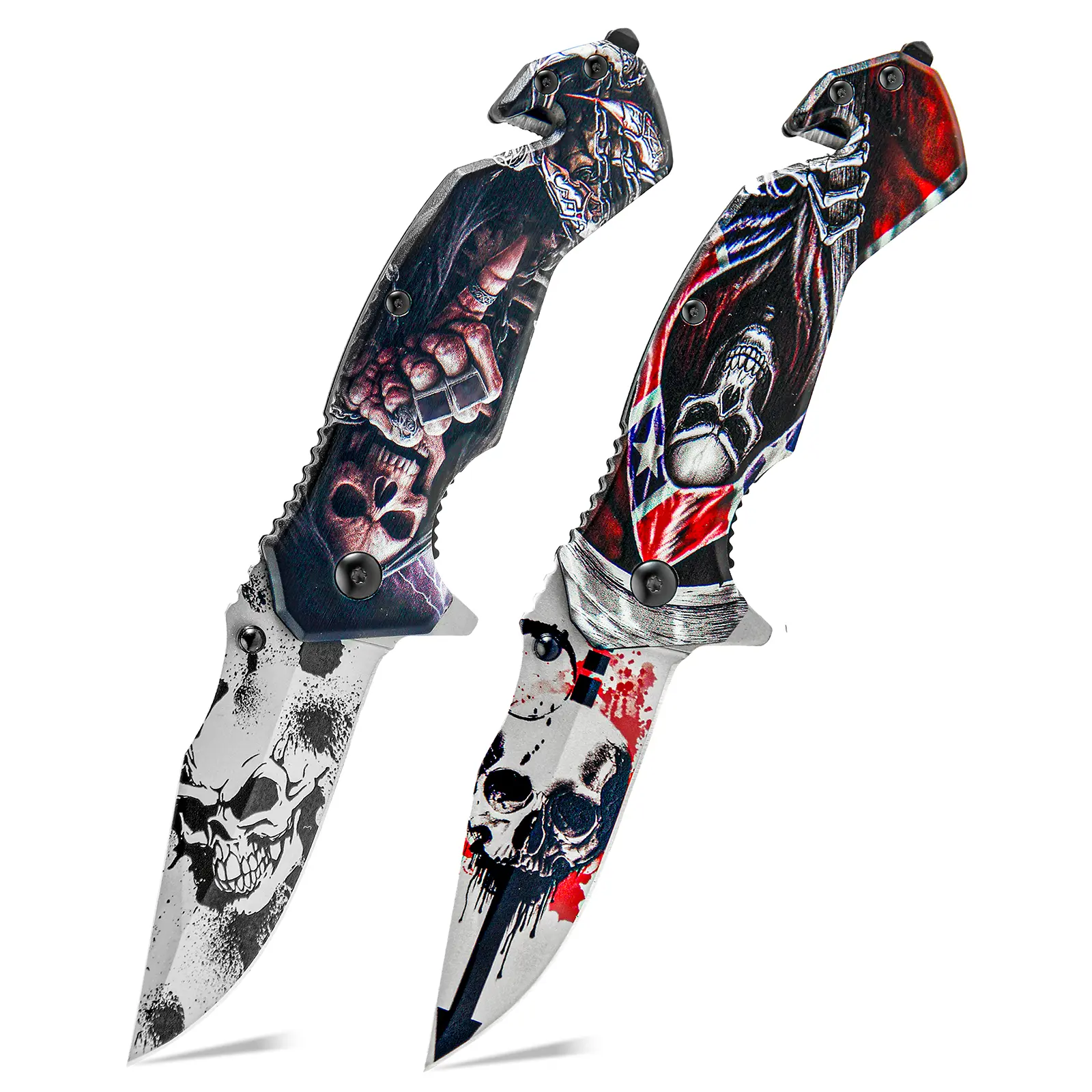 Red and Black Manual Folding Pocket Knife with Steel Blade and Graphic Handle