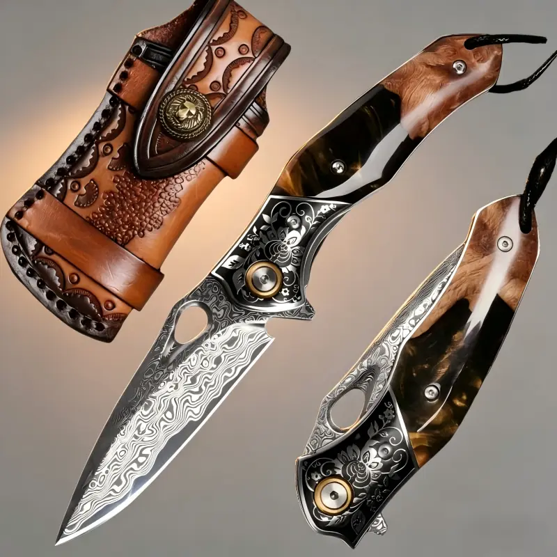 Damascus Folding Kitchen Knife - Hand-Forged Sharp Blade, Rainbow Fan Shell Crafted Handle, Exquisite EDC Survival Tool for Collector Gifts, Men's Birthday Presents