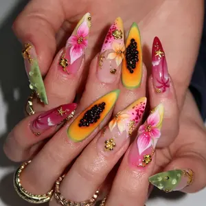 Tropical Papaya Bloom Press-On Nails, 3D Pink Floral Art, Exotic Fruit Gradient Design, Gold Starfish Details, Hawaiian Summer Vacation Handmade Stiletto Nail Set