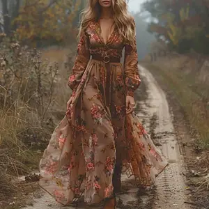 Vintage floral print deep V fashion high-waist party maxi dress for autumn, women’s ethnic chic boho dresses, long sleeves, fitted boho formal, color 01 Dark Brown, no belt