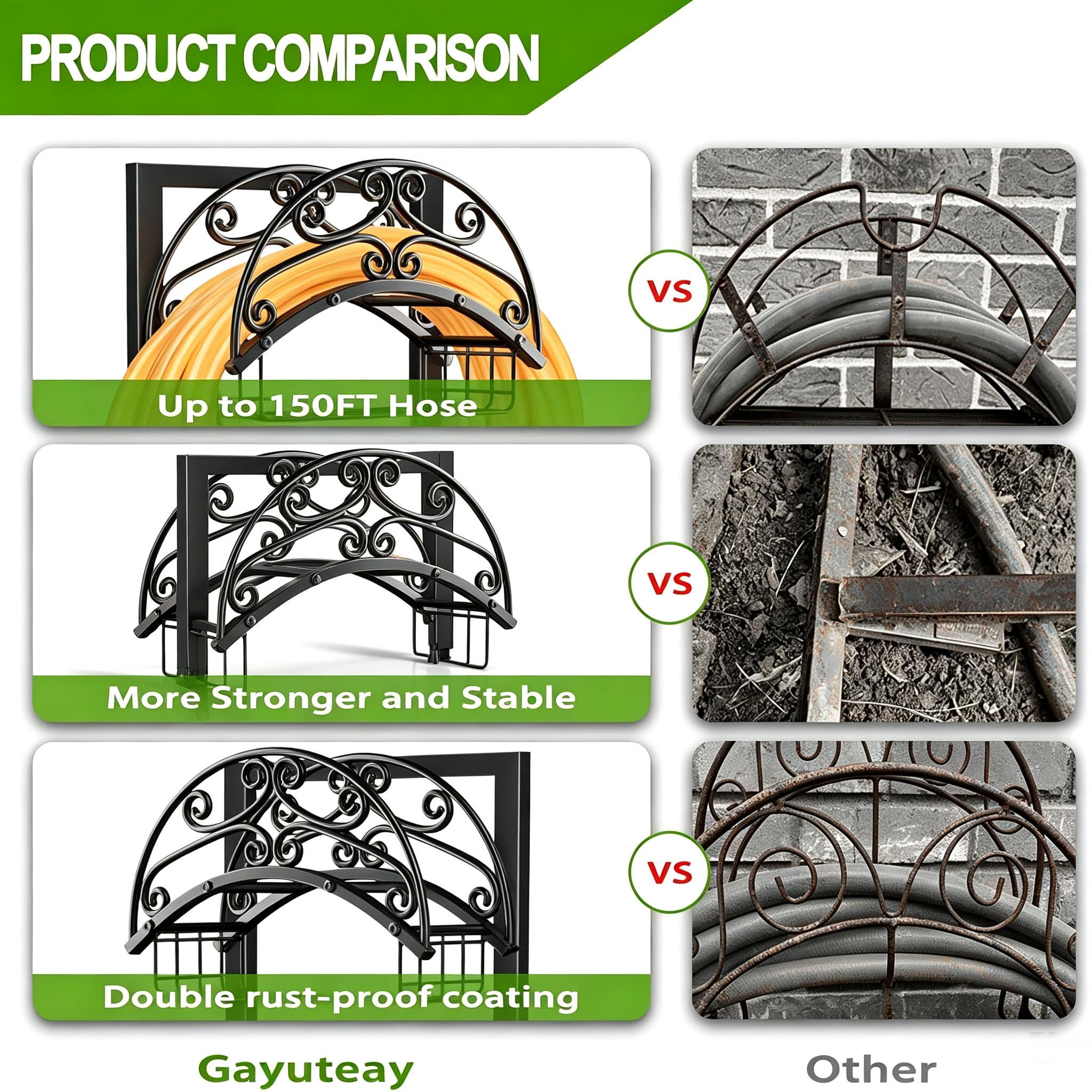 Heavy Duty Freestanding Metal Garden Hose Holder with Detachable Storage Basket, 151ft Capacity, Rustproof Outdoor Organizer Stand for Backyard Lawn that Organizes Water Pipes