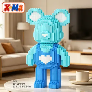 Cute Blue Bear Building Blocks Set with Heart - DIY Micro Brick Toy for Kids Adults, Home Decor Collectible Gift