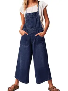 Ebossy Women's Floral Denim Overalls Adjustable Spaghetti Strap Wide Leg Baggy Crop Jean Bib Jumpsuit Rompers