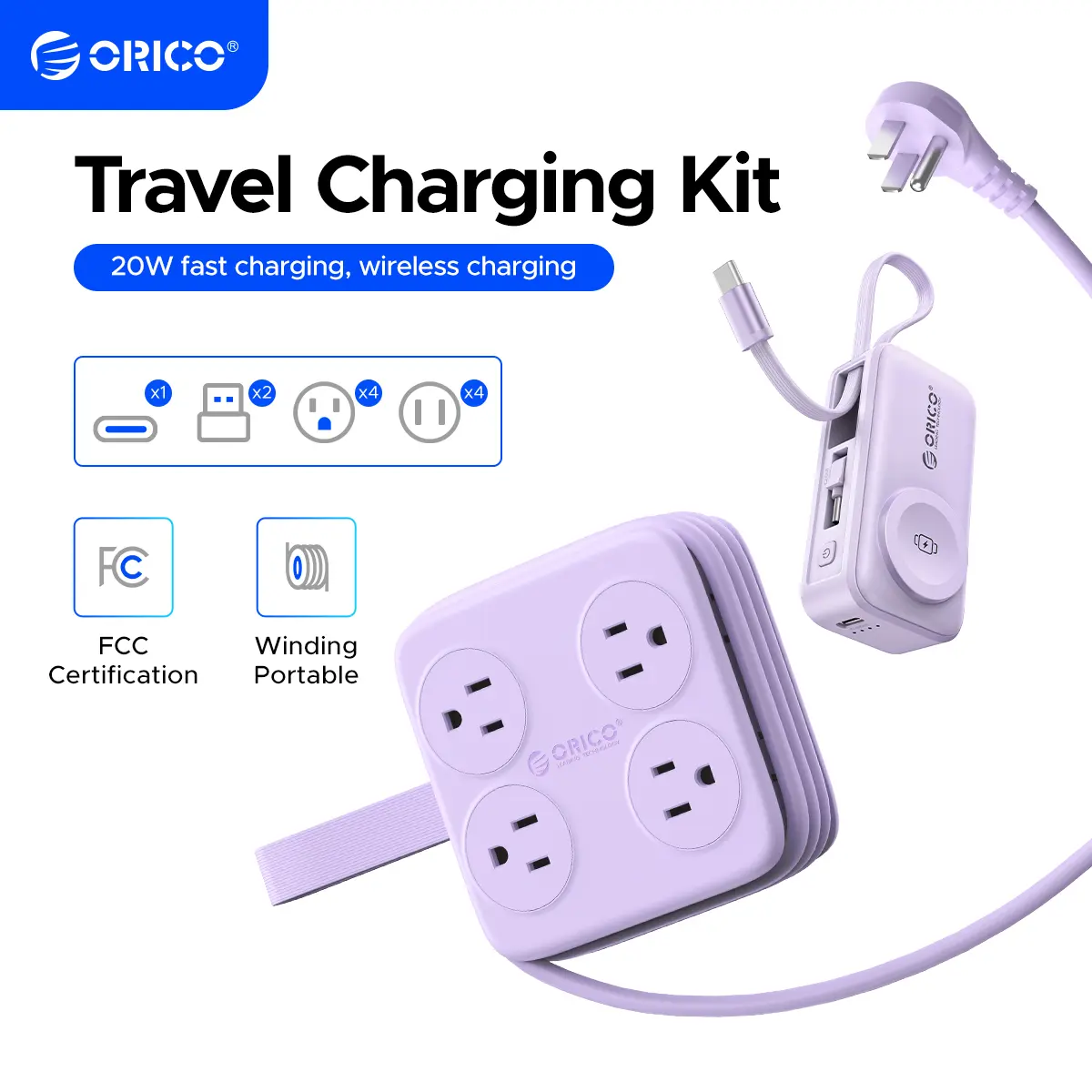 ORICO Travel Charging Kit . 8AC 2USB 1Type-C, 20W fast charging, wireless charging. Charges 4 devices at the same time. Compact, portable and safe for travel, hotel and office use-AP3-8A+S18
