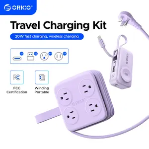 ORICO Travel Charging Kit includes portable power strip and capsule power bank. 8AC 2USB 1Type-C, 20W fast charging, wireless charging. Charges 4 devices at the same time. Compact, portable and safe for travel, hotel and office use-AP3-8A+S18