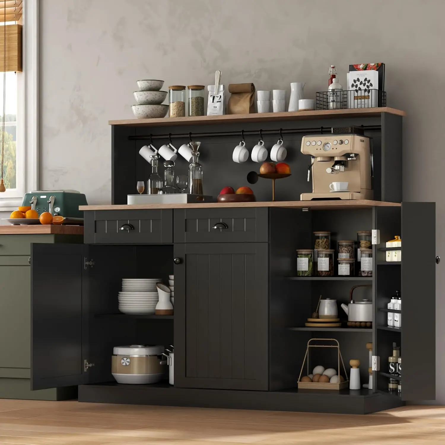 Gyfimoie Sideboard Buffet Cabinet with 2 Drawers, Farmhouse Kitchen Pantry with Adjustable Shelves, Coffee Bar Cupboard Cabinet with 3 Doors for Kitchen, Dining Room (Black)