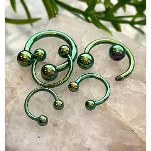PAIR of Stunning Green Titanium Anodized Circular Barbell Horseshoe Ring - 18g thru 12g with Assorted Ball Sizes!!