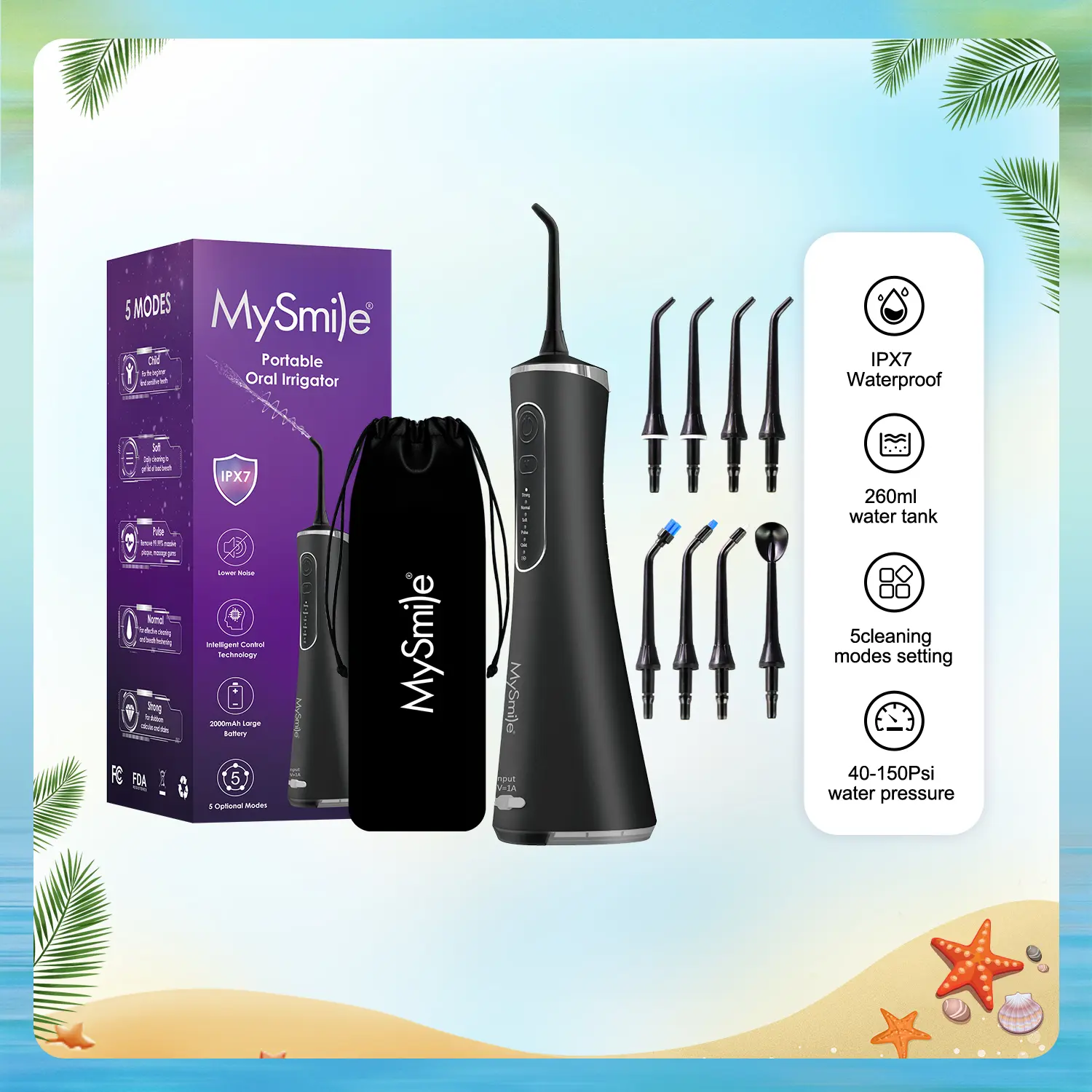 MySmile Cordless Rechargeable Water Dental Flosser (260ml) - 5 Modes, 8 Jet Tips, Cleansing Oral Irrigator Box - Daily Dental Cleaner for Braces, Travel Self Care Plaque-Removing Flosser
