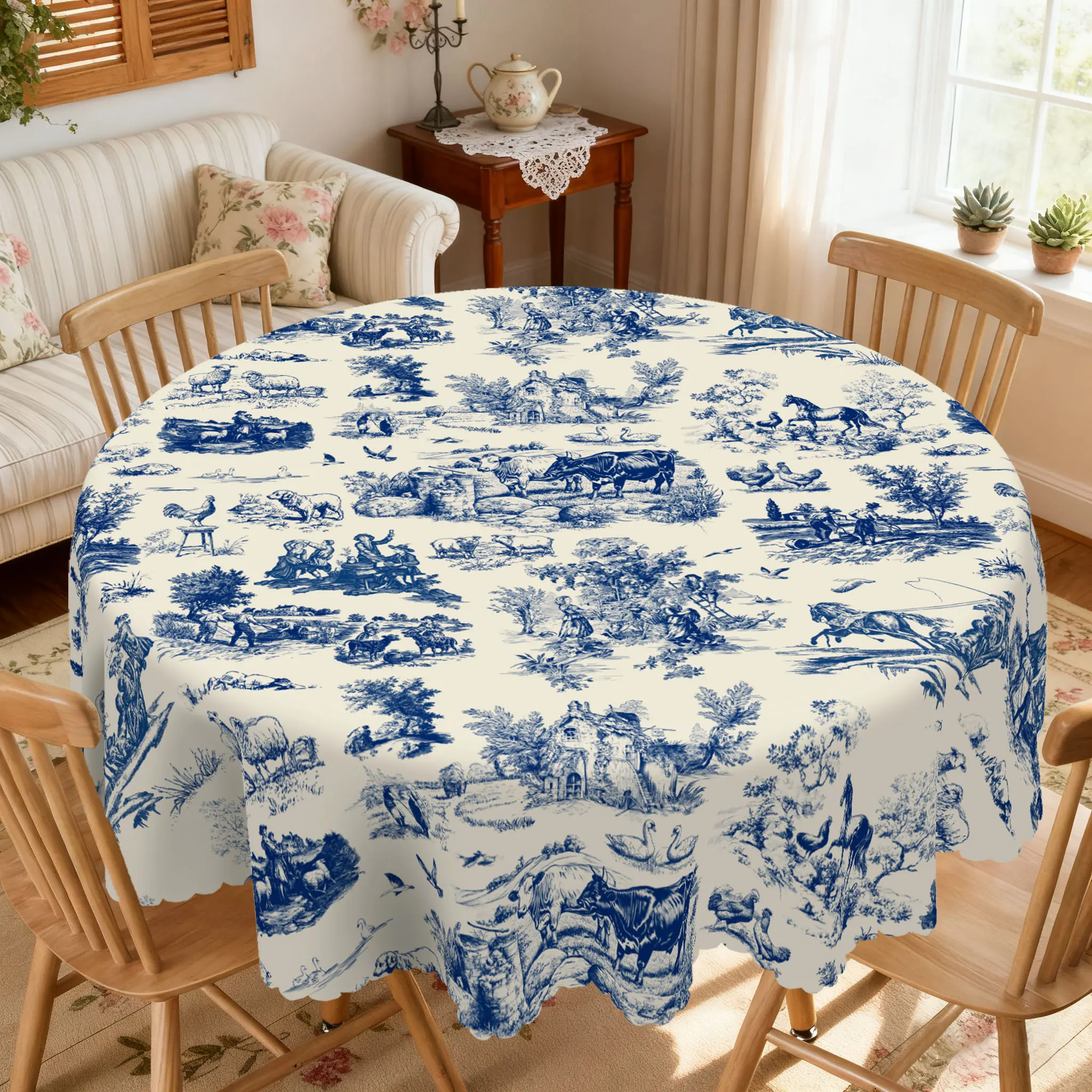 Vintage Blue Farm Print Tablecloth - Multi-Size Round/Rectangular Kitchen Linen, Indoor/Outdoor Use for Barbecue, Camping, Wedding, Home Dining Decor