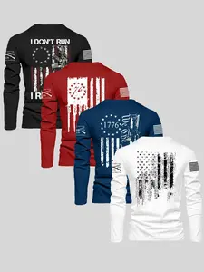 Men's Round Neck Long Sleeve T-Shirt, Flag & Gun Pattern Print, Casual Fitted Style, All Seasons, Multi-Color Options, 4 Pack