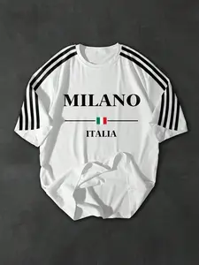 Men's Letter Print Striped Round Neck Short Sleeve T-Shirt, Casual Fitted Summer Top, Athletic Top, Sports Tee, fitness t shirt, gym tops, fitness shirts, Breathable Comfort for Gym Cycling