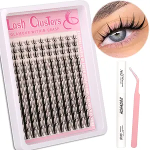 140pcs Fairy Comic False Eyelashes Glue Set with Tweezers, Natural Cartoon Eye Extension Kit, Fluffy Eyelashes Cluster, DIY Thin Lashes, CC Curled Invisible Lashes
