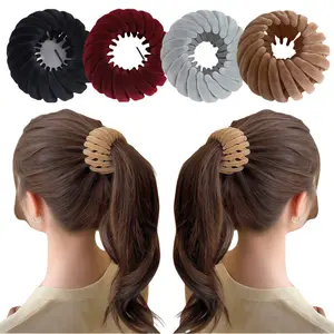 4Pcs Velvet Bird's Nest Hair Clips for Women, No-Slip Expandable Ponytail Holders, Scrunchies, Lazy Hair Bun Maker for Thick/Thin Hair, Elegant Hair Accessories for Daily Wear & Hairstyling