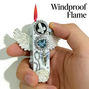 Angel Wings Windproof Lighter Suitable for Women &, Portable Metal Butane Refillable Gas Lighter with Windproof Flame, Cute Angel Wing Design & Inflatable Refillable Cigarette Lighter for Outdoor, Birthday Gifts (Butane Not Included)