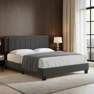 Black Finish Charcoal Boucle Queen Bed With LED Channel Headboard