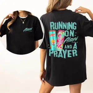 Alani Running on Alani T-Shirt - Trendy Graphic Tee with Colorful Alani Nu Cans and Playful Slogan, Unisex Design for Gym Lovers and Everyday Wear, Funny Drinking Vacation Outfits