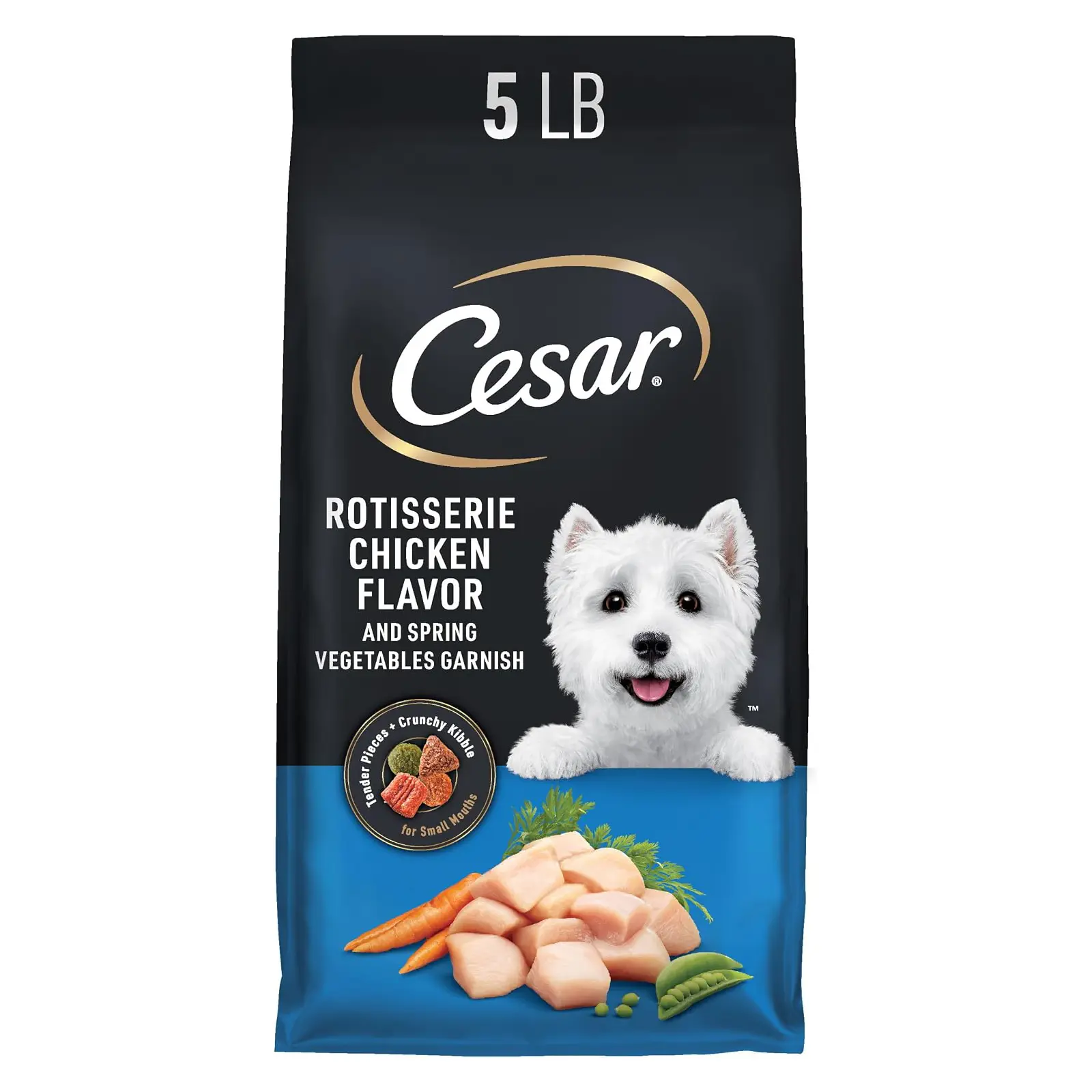 Cesar Small Breed Dry Dog Food, Chicken & Spring Vegetables Flavor, 5 lb Made in USA, Real chicken #1 ingredient, 26 essential nutrients, supports small breed health, no artificial flavors
