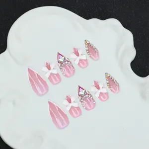 10pcs/Set Handmade Almond-Shaped Y2K Baddie Press-On Nails, Nude & White French Tips, Asymmetrical Metallic Liquid, Carved Flowers Design, Glitter Rhinestone, Suitable For Women & Girls, Party, Daily Wear, Includes Tool Kit, Gift Nail Supplies
