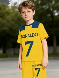Teenage Boy Ronaldo 7 Number Football Sports Casual Cartoon Pattern Sporty Design Summer Short Sleeve Set, Fitted Style, No Zipper, No Collar