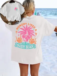 Women's Skull & Letter Graphic Drop Shoulder Tee, Fashion Casual Palm Tree Graphic Crew Neck T-shirt for Daily Holiday Vacation Outdoor Wear, Graphic Tees, Ladies Clothes for All Seasons