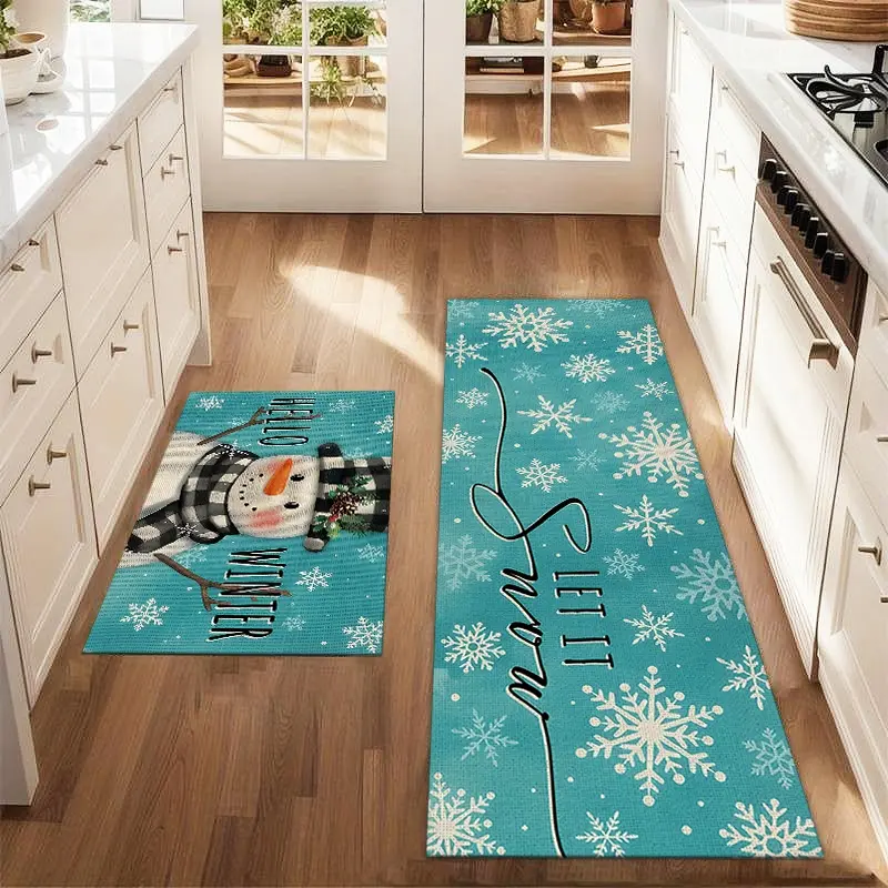 2Pcs Christmas Blue Snowman Snowflake Floor Mat Set Durable Decorative Mat Farmhouse Kitchen Rug Dining Room Flooring Laundry Room Decor Carpet Mat Home Decor Rugs
