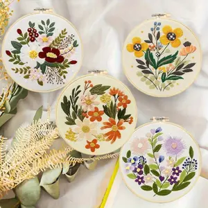 4PCS/Set Embroidery Set for Beginners Art Crafts Easy Sewing Includes Embroidery Clothes with Pattern, Hoop, Instruction Manual, Color Stitch Set