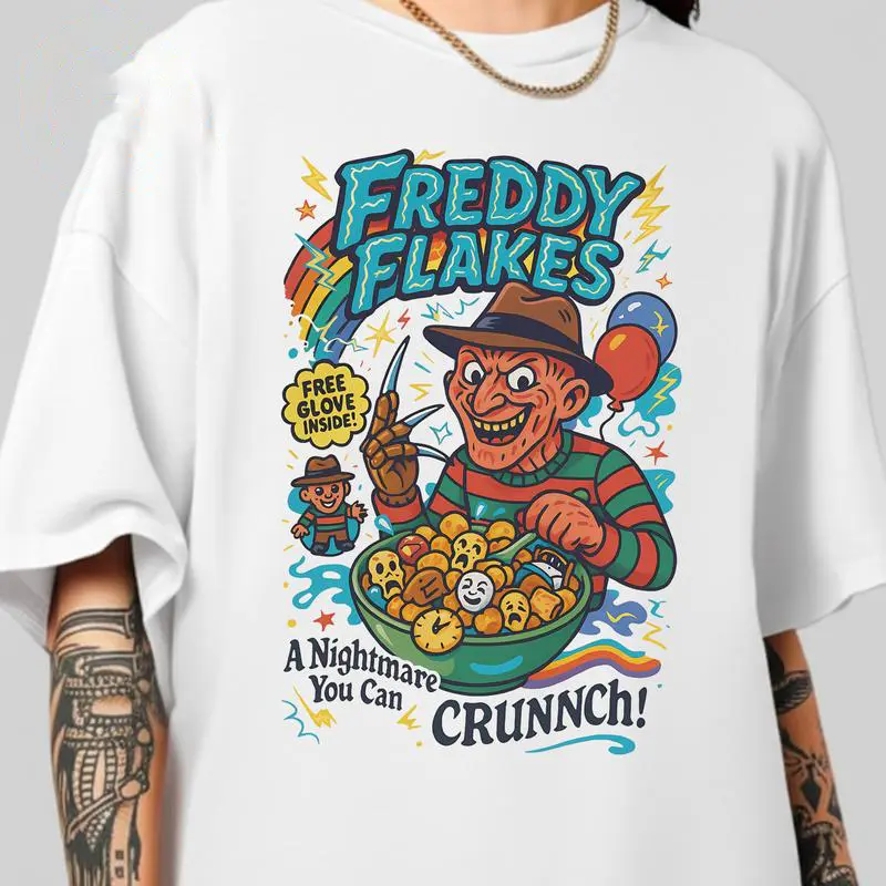 Funny T-shirts Halloween Horror Cereal Shirt Freddy Flakes A Nightmare You Can Crunch Tee Horror Characters Tee Halloween Movie Tee Spooky Season All Seasons