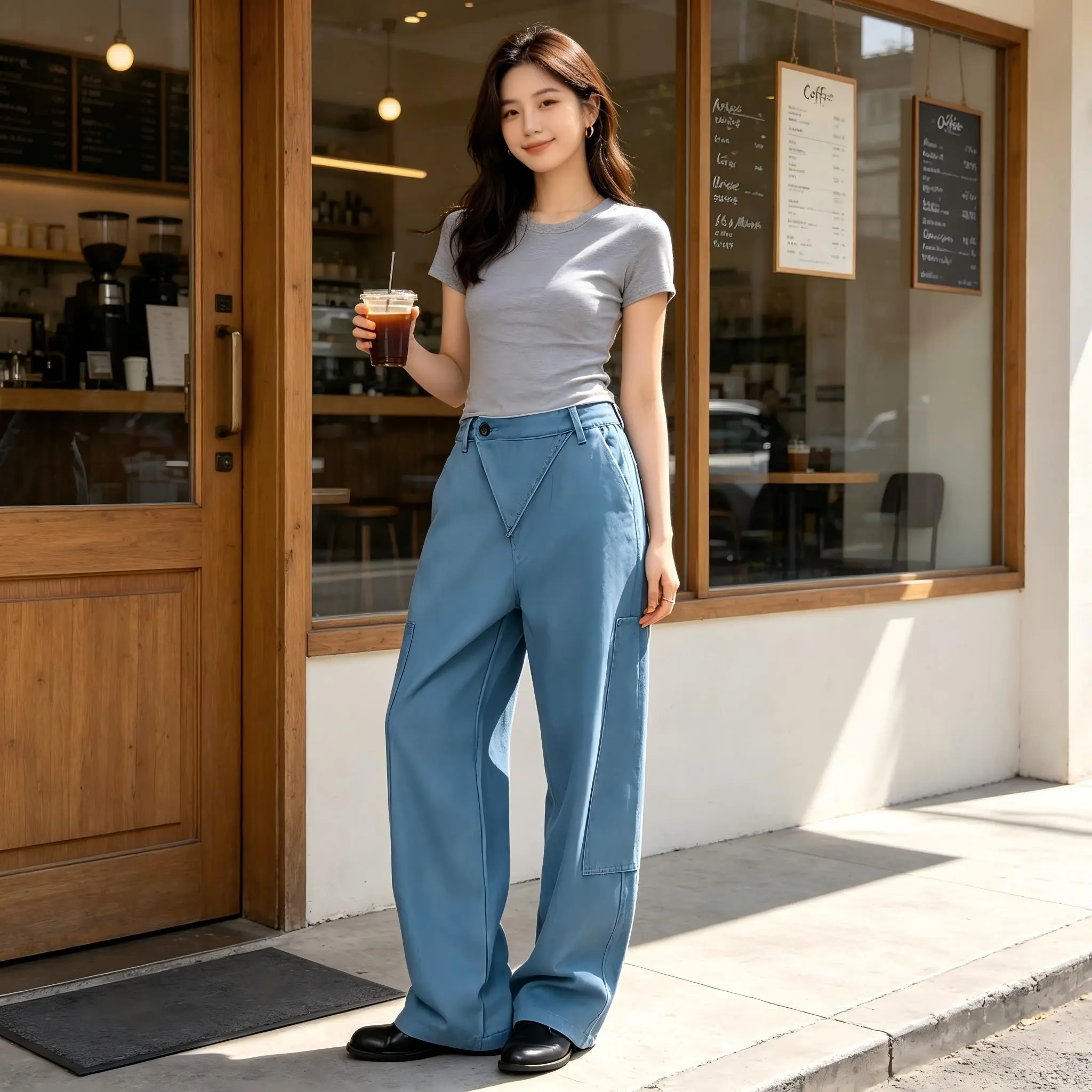 Straight-leg loose-fitting jeans, retro washed wide-leg pants, American style