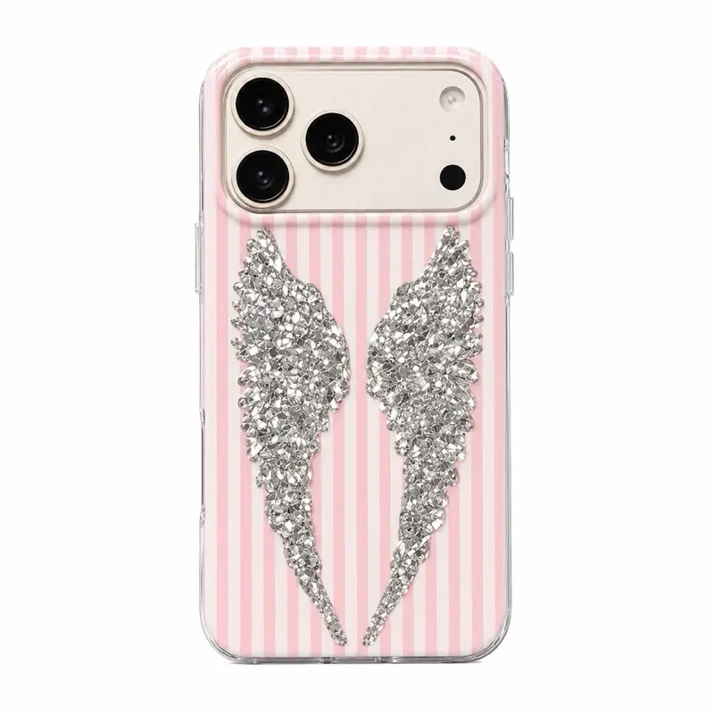 Pink Striped Rhinestone Angel Wings Phone Case For iPhone 15 16 17 Pro Max Luxury Bling Shockproof Cover