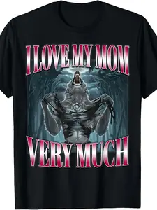Brainrot Alpha Wolf Meme I Love My Mom Very Much| Gen-Z Humor T-Shirt with Vintage Style, Crew Neck, Slight Stretch Fabric, Regular Fit, Drawing Pattern, Perfect for Adult