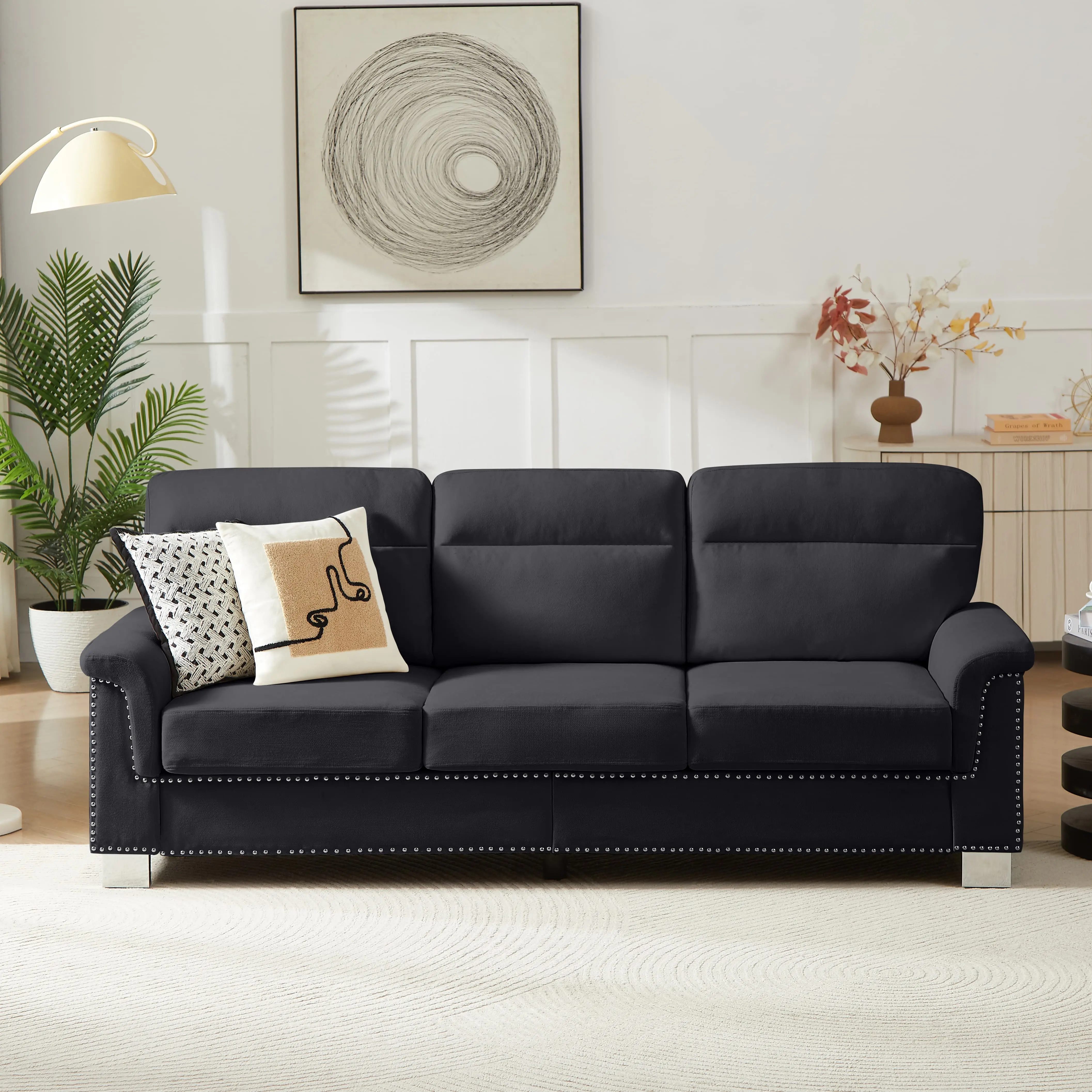 84.2" Modern Compressed Snowfleece Fabric 3-Seater Sofa - Couch for Living Room, Bedroom with Nailhead Trim Indoor Furniture