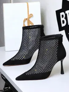 Women's High Heel Short Boots, Velour Patchwork Mesh Rhinestone Back Zipper Fashion Net Boots, Pointed Toe Low Heels Single Booties