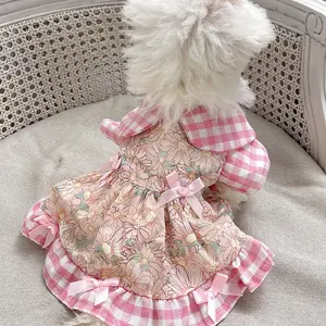 Cute Fashion Print Pet Dress with Bow, Plaid Pet Costume, Elastic Mesh Princess Dress, Puppy Cat, Complete Set, Puppy Clothes