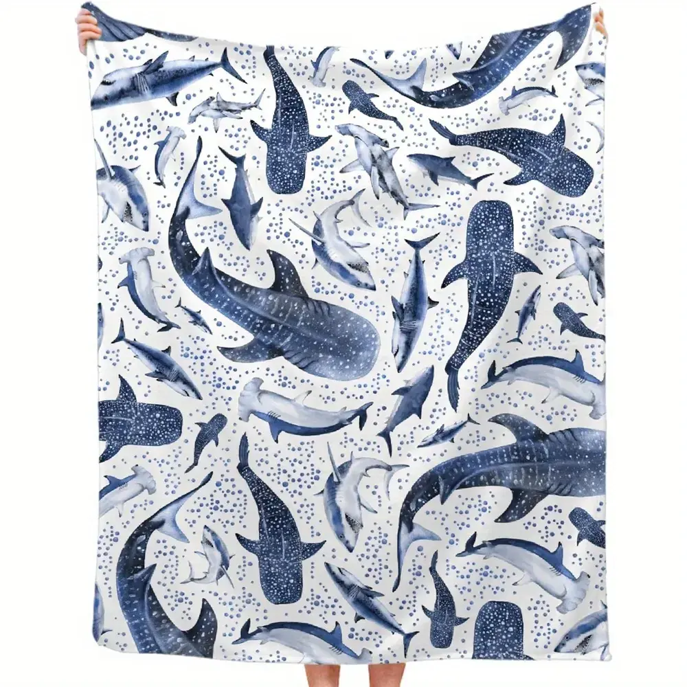Jonah And The Whale Inspired Ocean Shark Flannel Blanket Soft Warm Lightweight Whale Print Throw Blanket Blue White Marine Animal Design Cozy Bedding Blanket For Bed Sofa Couch Lounge Chair Bedroom Living Room Travel All Seasons